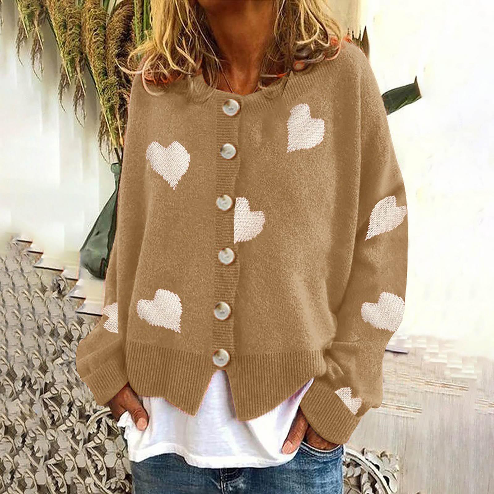 

Женский осенне-зимний трикотаж, однобортный свитер с длинными рукавами и сердечками, пальто L хаки