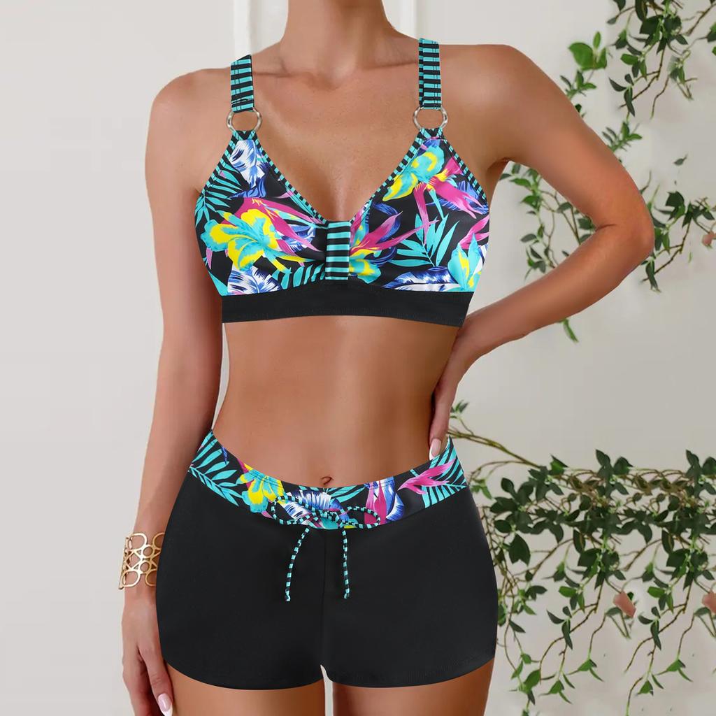 New flat-angle conservative color printing thin women's split bikini bikini swimsuit