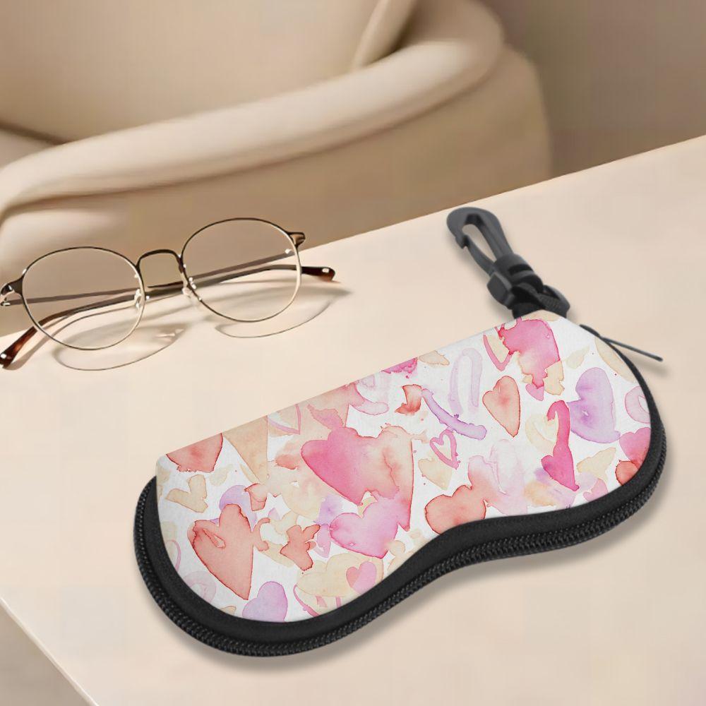 Watercolor Pink Hearts Print Soft Eyeglasses Sunglasses Case, Portable Lightweight Fabric Eyewear Pouch, Protective Glasses Holder for Travel Daily