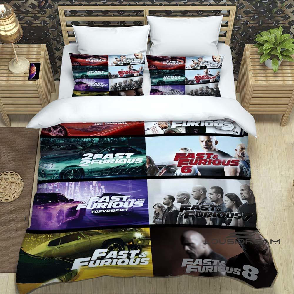 This Printed Bedding Set—featuring Duvet Covers and Pillowcases—is Inspired by the *Fast & Furious* Racing Action Film Franchise