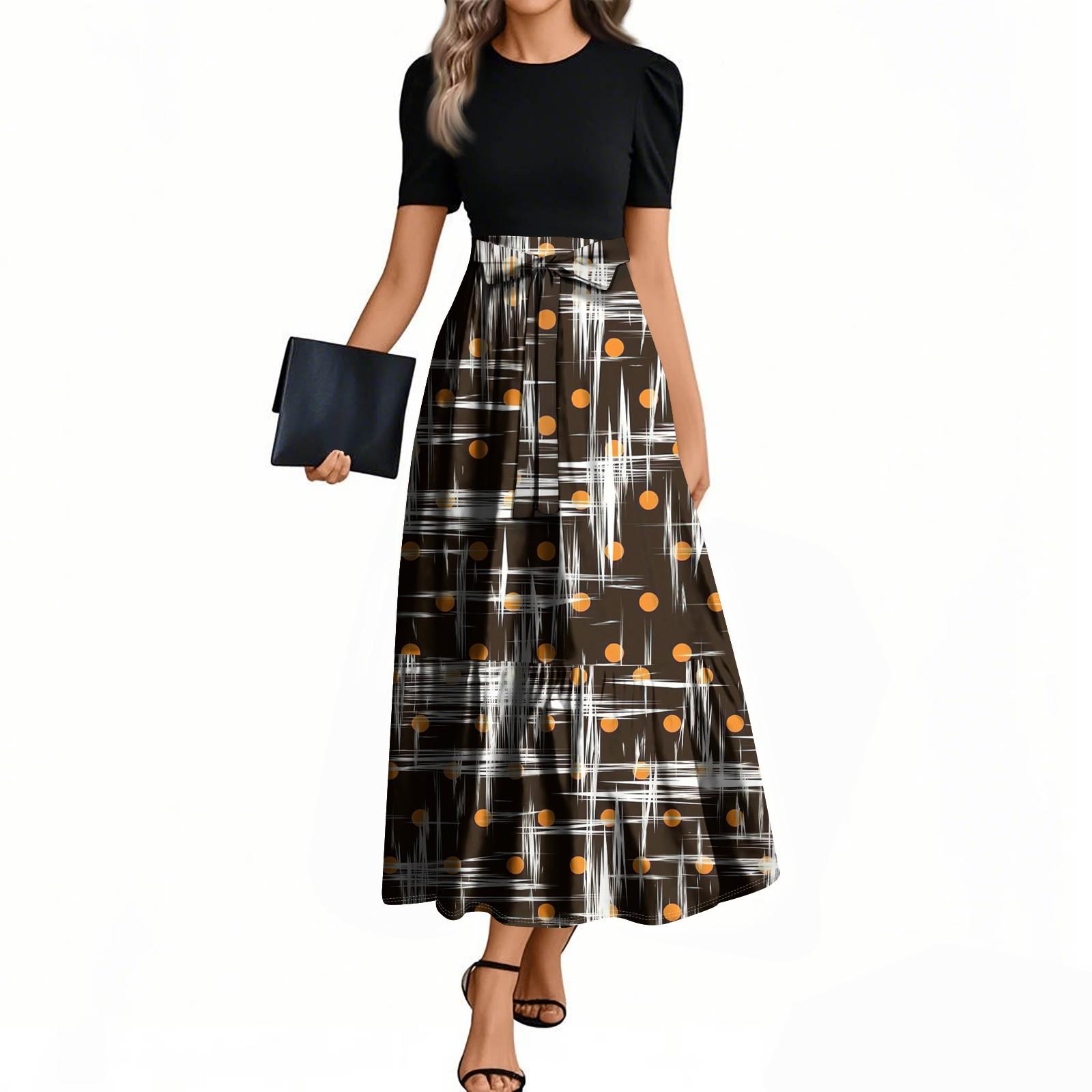 

Женские модные повседневные платья с поясом, коротким рукавом, круглым вырезом, геометрическим узором, элегантные платья с темпераментом XXL