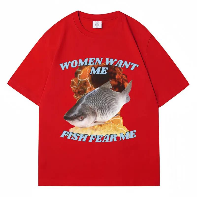 Vintage Lustig Frauen wollen mich Fische fürchten mich Meme Grafik T-Shirt Mode Harajuku Angeln T-Shirts Männer Frauen Baumwolle Sommer T-Shirts
