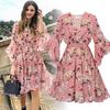 Women Fashion Casual Chiffon Floral Printing Short Sleeve V-Neck  Party Dress