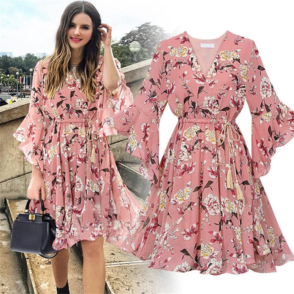 Women Fashion Casual Chiffon Floral Printing Short Sleeve V-Neck  Party Dress