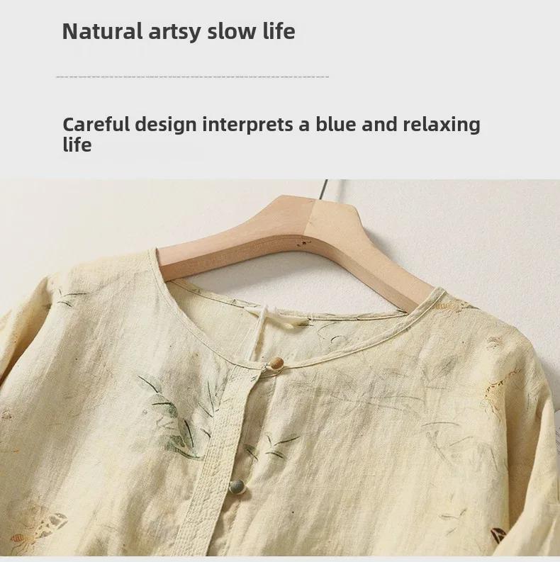 Women's Retro Chinese Style Long Sleeve Linen Shirt with Pan Kou Design