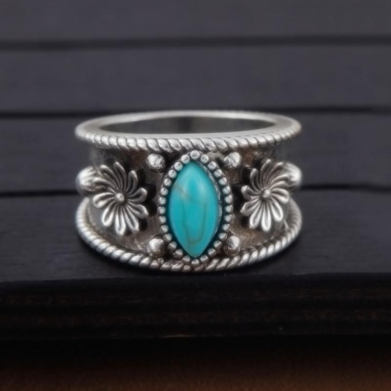 Bohemian Retro Carved Pattern Imitation Turquoise Wide Face Ring, Women's  Trendy Ethnic Style Holiday Accessory