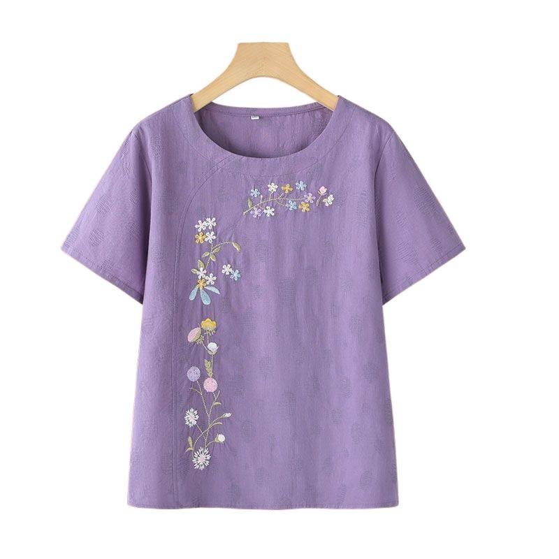 Summer Embroidered Two-Piece Home Set for Mature Women - Thin Cotton & Linen