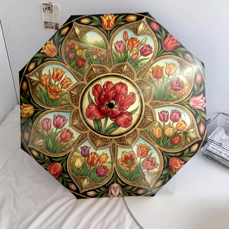 

1 PC Automatic Folding Umbrella -Retro Datura Flower Pattern, Portable & Foldable Design with 8 Ribs, Christmas Birthday Gifts Q0008