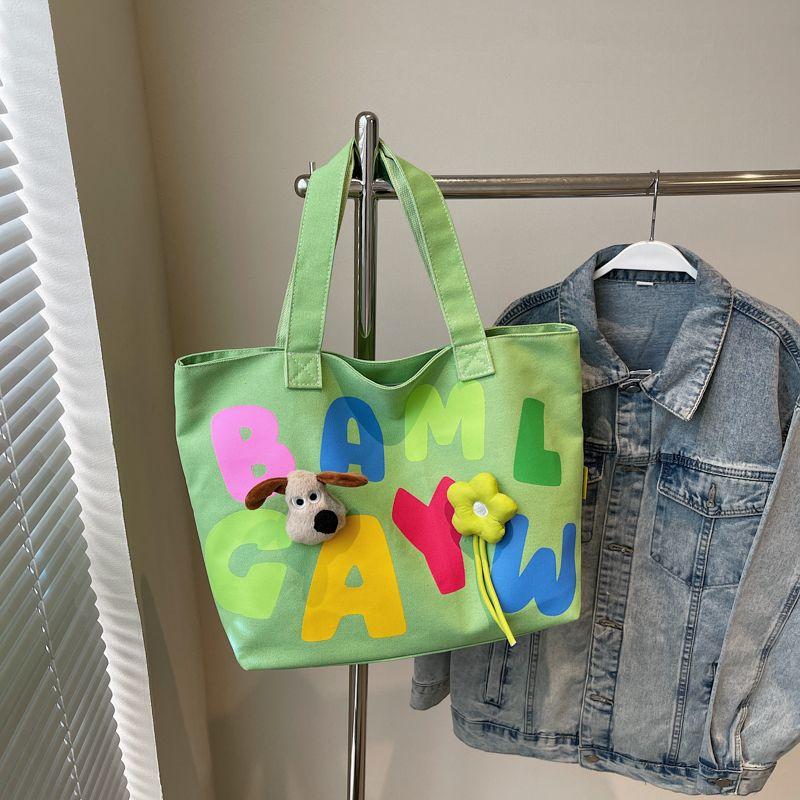 

Original Letters Canvas Bag Women s Summer Ins Style K-style Large Capacity Shoulder Bag Casual Easiest for Match Trendy Tote Bag Green(Collection attention song pendant)