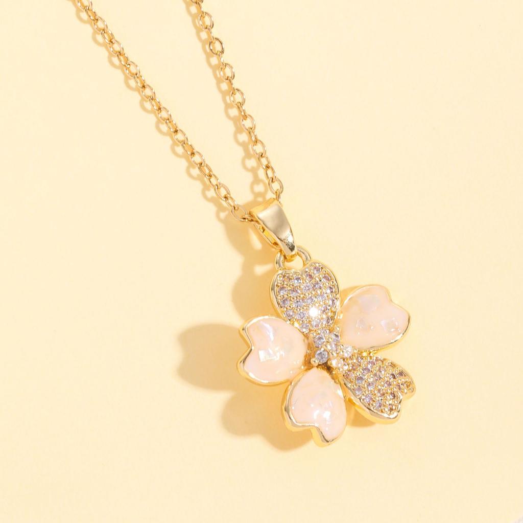 Five-Petaled Flower Necklace Female Fresh And Sweet Versatile Collarbone Chain Opal Set