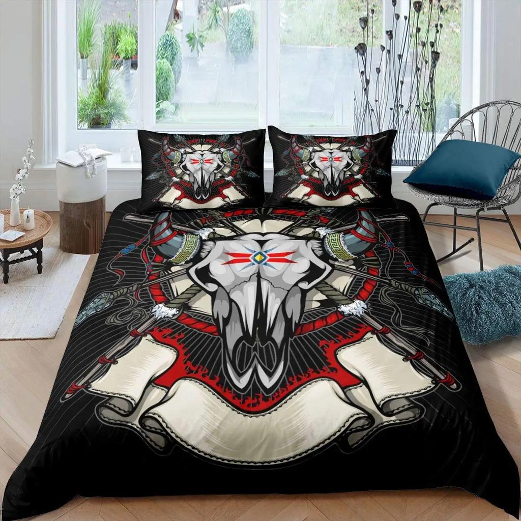 Cow Skull Duvet Cover Queen Sunflower Cattle/Bull Skeleton Bedding Set Botanical Floral Leaves Boho Tribal Polyester Quilt Cover