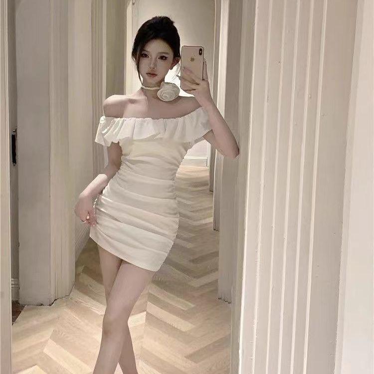 Elegant French One-Shoulder Ruffled Bodycon Dress