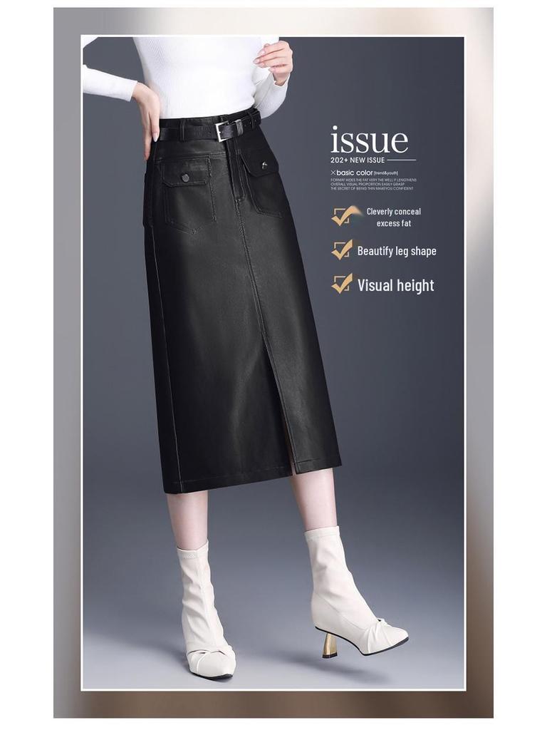 Modischer Damen-Lederrock aus Lammleder mit Schlitz - Hohe Taille, Mittellang, Faltenmildernd, Trendiger Pendlerstil.