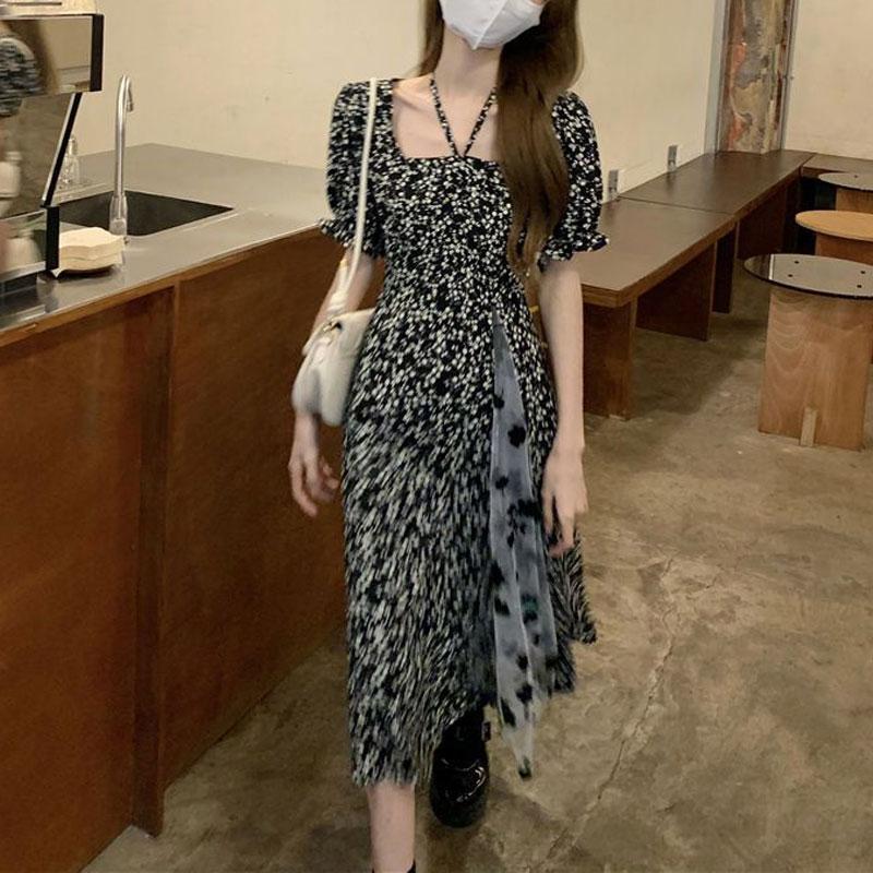 Blumenkleid mit quadratischem Ausschnitt Damen Frühling Sommer 2025 Neu Französisches Retro-Design Netzstoff-Einsatz Midilänge Rock