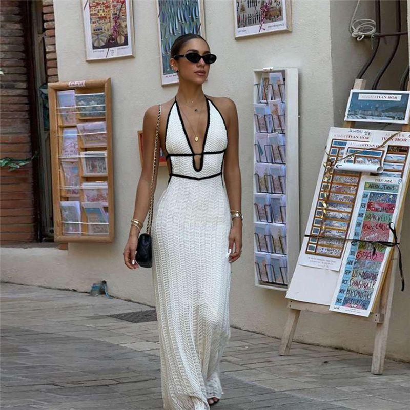 

Black and White Contrast Color V-neck Halter Lace-up Backless Knitting Dress Travel Vacation Overknee Dress Female White L