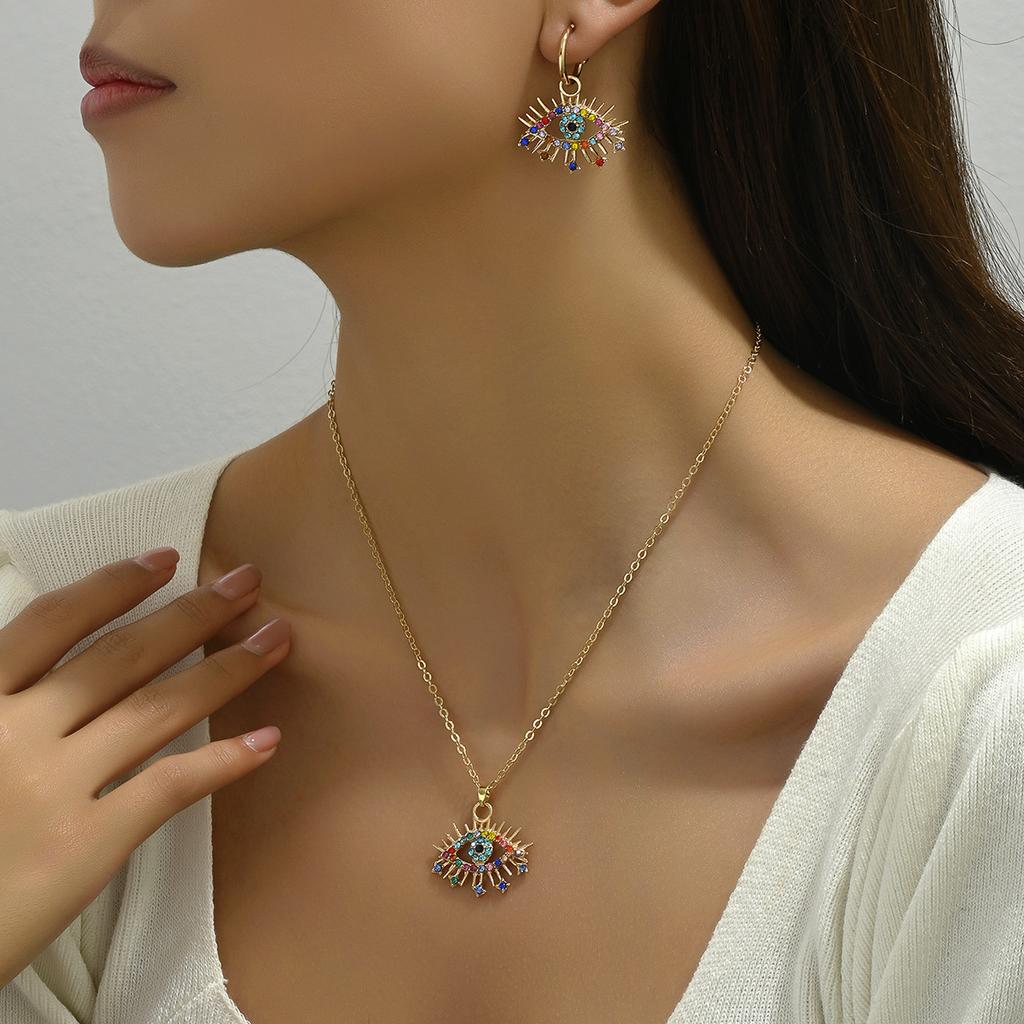 2025 new angel's eye hip-hop women's stud earrings necklace set with diamond design long collarbone chain