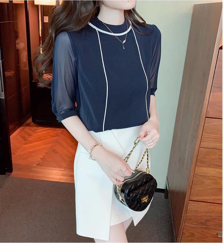 Fairy Stone Short Sleeve Sheer Crew Neck Size Women's Blouse/Shirt, B-70 (Navy)