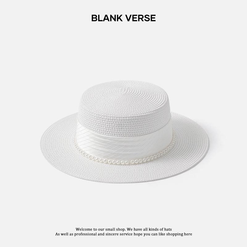 Spring and Summer Elegant Pearl Straw Seaside Sunscreen Sunshade Female Retro Celebrity Elegant Flat Top Top Top Top Hat
