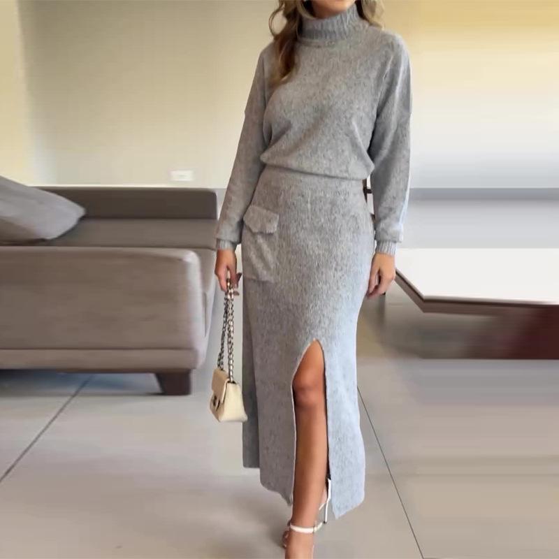 

2024 Осень Женское Однотонное Трикотажное Длинное Платье Прилегающего Кроя с Полувысоким Воротником, Комплект из Двух Предметов XXXL серый