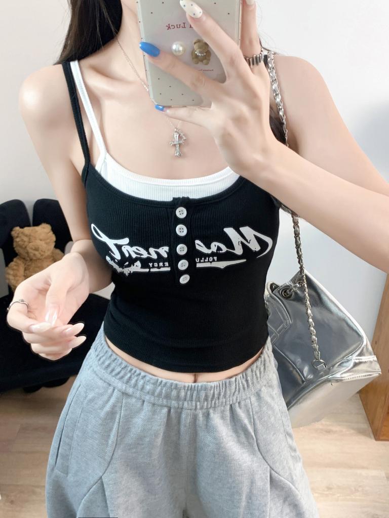 #Summer New Sexy Style Letter Printing Splicing Button Sling Vest Slim Fixed Belt Chest Pad