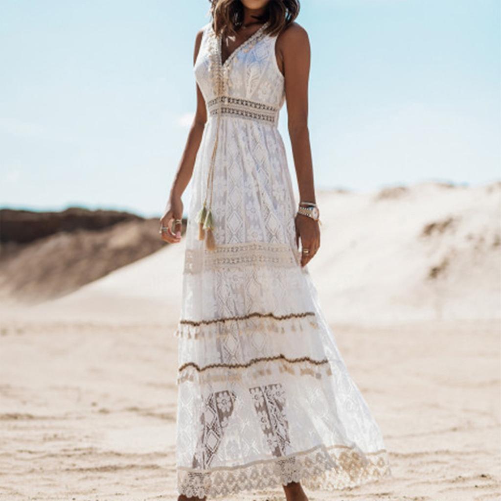 Vestido largo bohemio de verano con temperamento, vestido de mujer con dobladillo grande y retazos de encaje