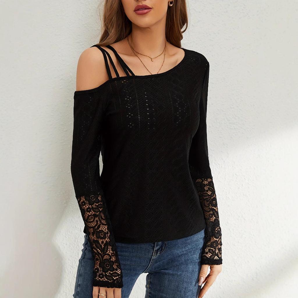 Autumn Asymmetric Crossed Shoulderless Design Lace Splicing T-Shirt Women's Long Sleeve Skinny Versatile Closet Essential Fashion Items Shirt