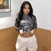 Modetrend Damen Stilvolles, mit Drachen bedrucktes Crop-Top mit langen Ärmeln und hohem Kragen, schmales T-Shirt, schmale T-Shirts für Frühling und Herbst