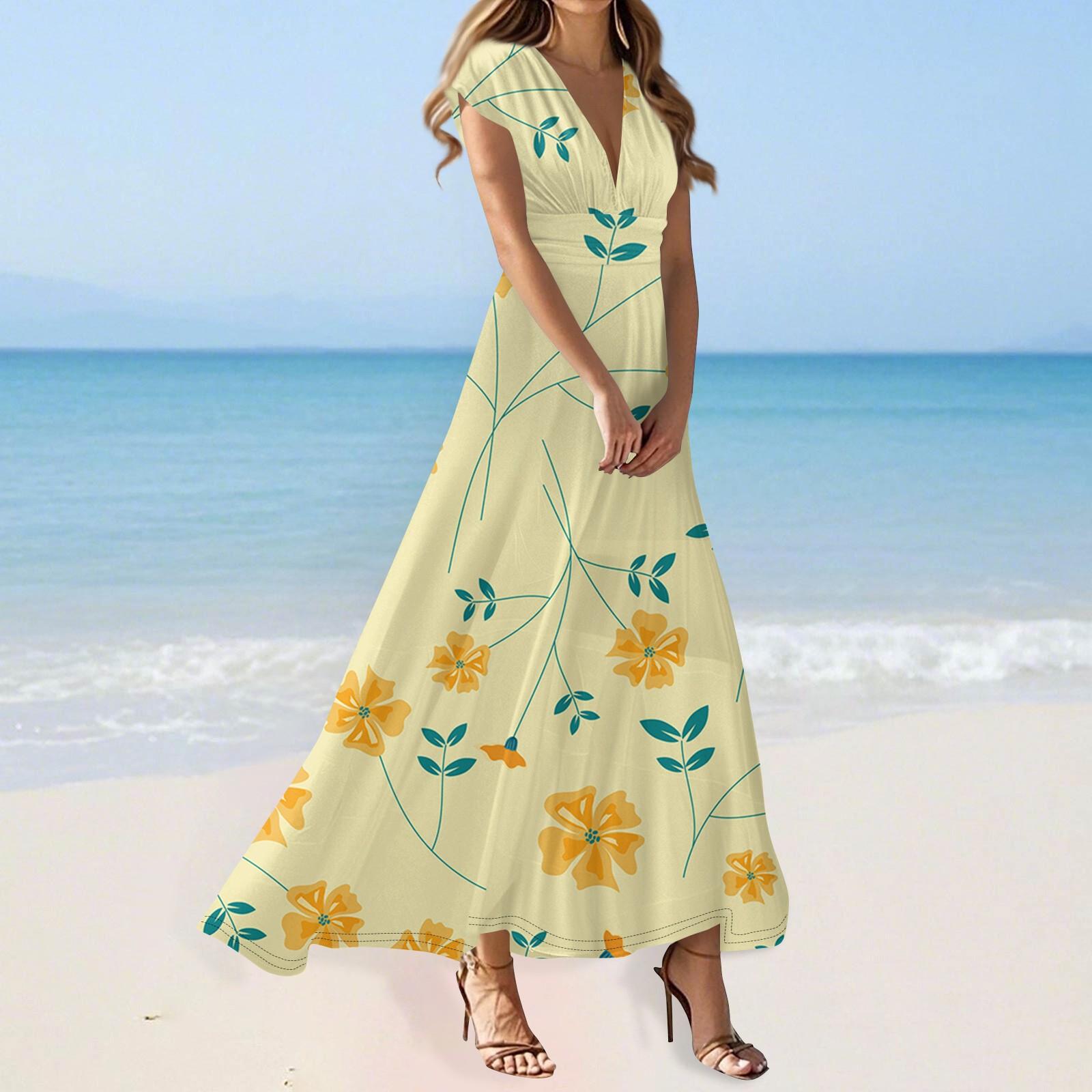 

Women s Summer Casual Fashion Flower Printed Dresses V-Neck Short Sleeve Dresses L помаранчевий