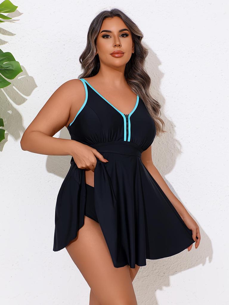 Women’s Plus Size Color Block Skirted Two-Piece Swimsuit - Conservative Belly Covering Bikini