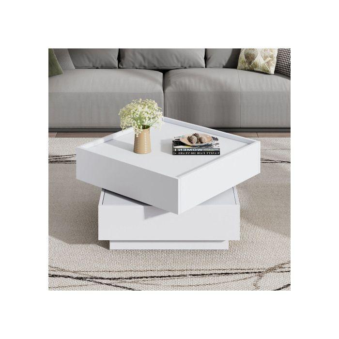 Table basse - MUVOE - Plateau pivotant 360° - 2 étagères - Blanc pur - Design élégant