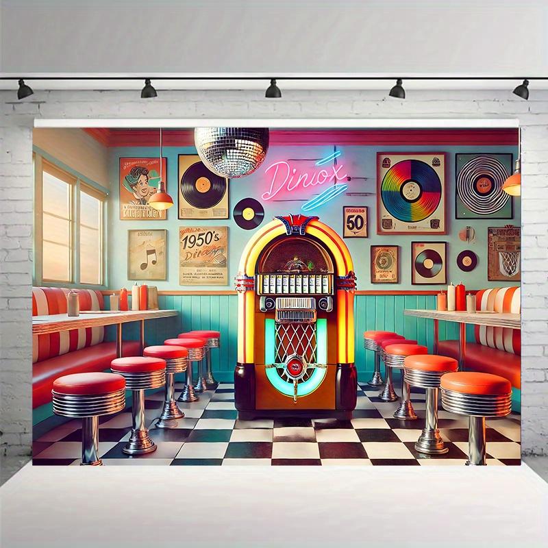 1 Piece Retro 1950s Music-themed Polyester Background Fabric Suitable for Family Gatherings Weddings and Birthdays