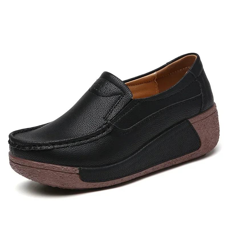 Spring and Summer Women Fashion Loafers Genuine Leather Moccasins Autumn Slip-on Casual Round Toe Wedge Platform Rocking Shoes