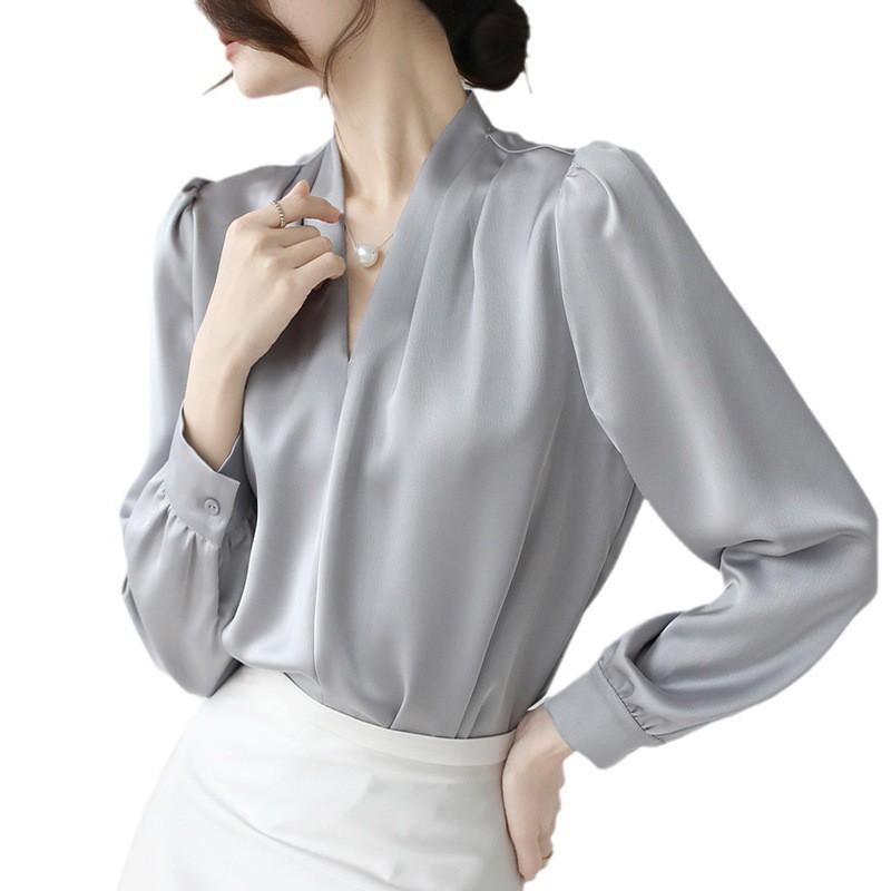 Elegant V-Neck Satin Blouse Women Slim Fit Lightweight Office Shirt 2026 Pure Color