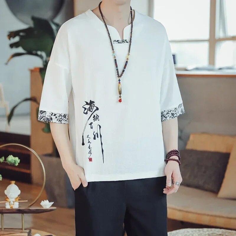 

Летняя мужская футболка в китайском стиле с вышивкой в ​​стиле ретро, ​​льняная рубашка Тан XXXL