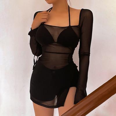 2024 Pure Desire Style European and American Perspective Sexy Mesh Long Sleeve Split Short Dress Summer Women's Style
