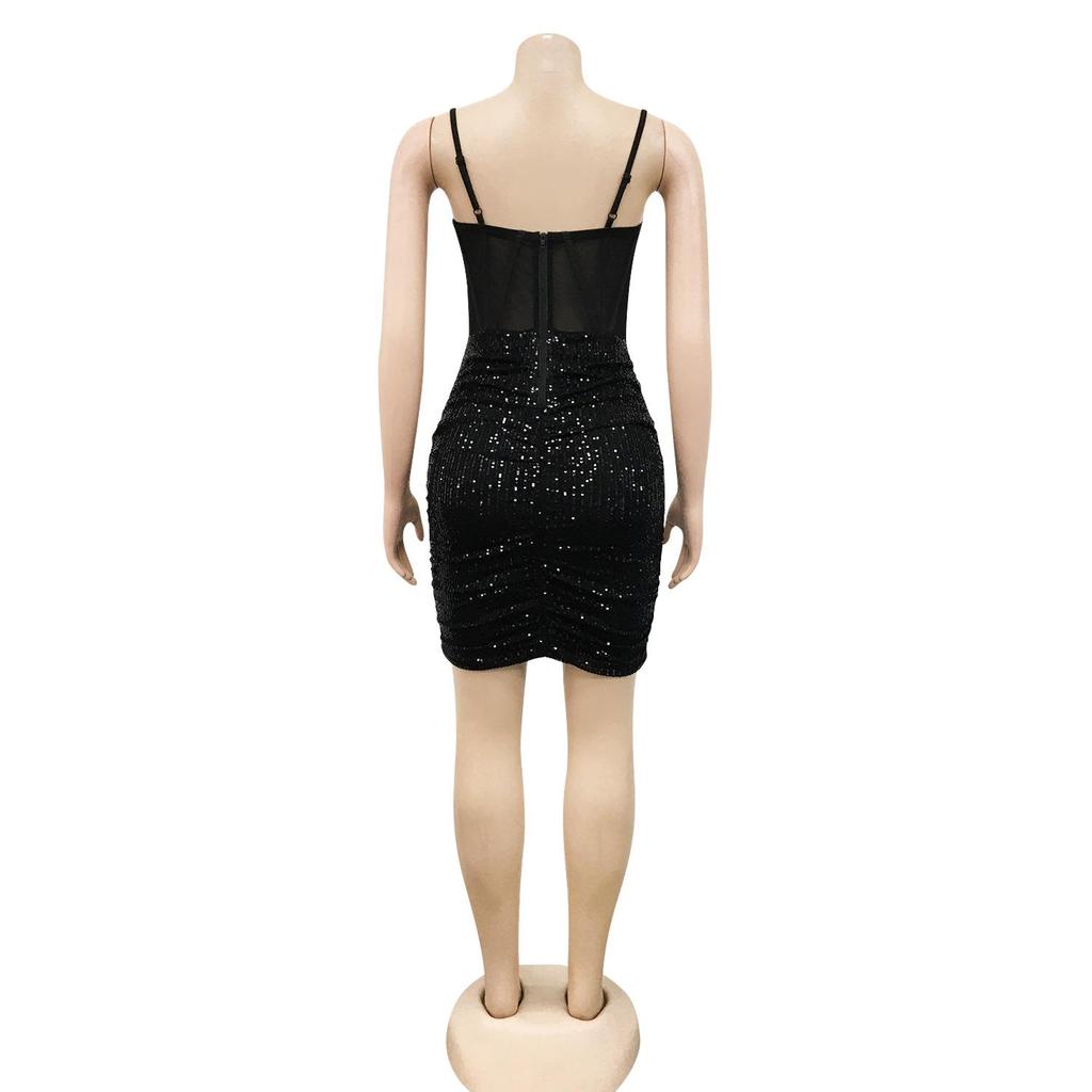 X5308 Solid Color Sequin Women's Sexy See-through Camisole Bustier Dress