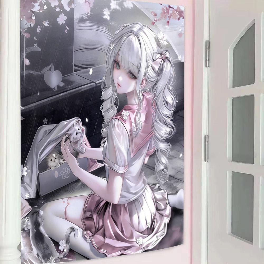 

Cute Original 2D JK Girl Tapestry Ins Style Cherry Blossom Season Wall Hanging Kawaii Room Aesthetic Background Cloth 74x94cm(29x37in)