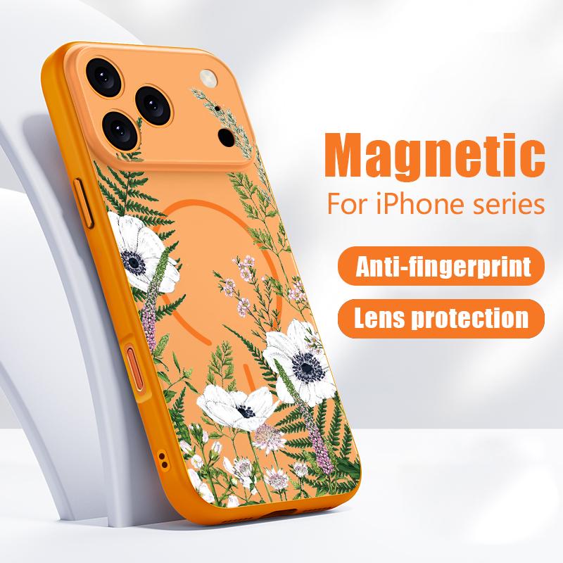 Case For iPhone 17 Pro Max INS White Flower Plants Pattern Magnetic For Magsafe Hybrid Slim Matte Cover For iPhone 16 15 14 13 Pro Max