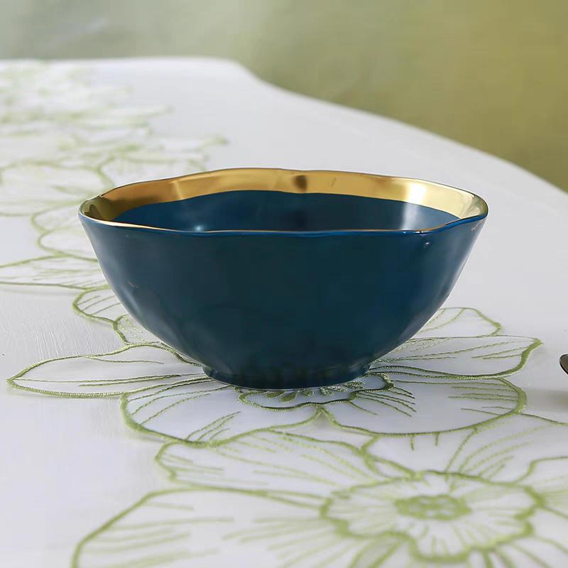 European style gilded ceramic green glazed food bowl, colored glazed fruit salad bowl, European style breakfast bowl, 6-inch bow
