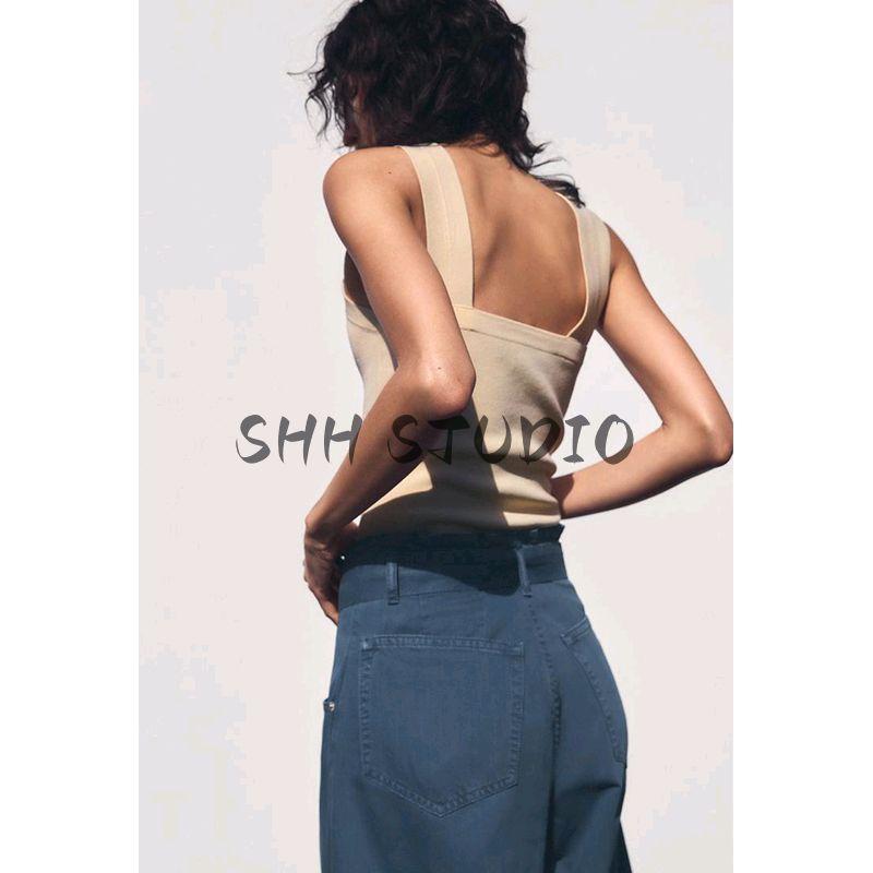 Spring and Summer Women's Clothing Ins Style Silm All-Matching Wide Shoulder Strap round Neck Minimalist Pure Color Knitting Tops 3519018