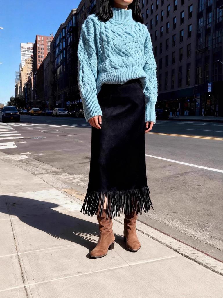 2025 Women's Elegant Tassel Long Suede Plush Skirt - Autumn/Winter Slim-Fit H-Line