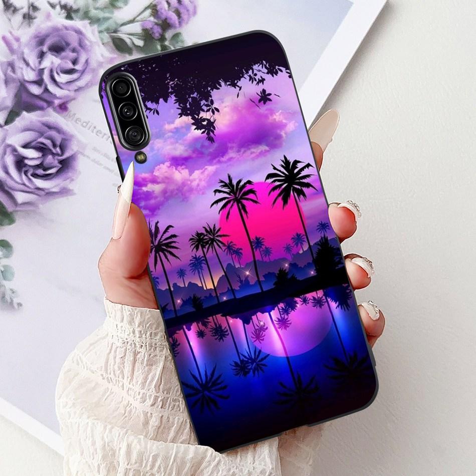 For Samsung Galaxy A90 5G Phone Case For Samsung A90 5G SM-A908B Elegant Floral Cat Painted Black Silicone Soft TPU Cases