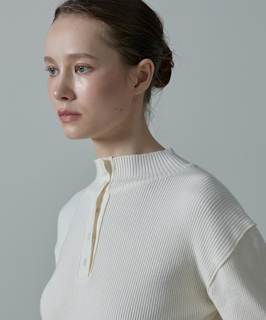 Aheule Aera Tension-Fit Henley Rib Half-Neck Knit_White