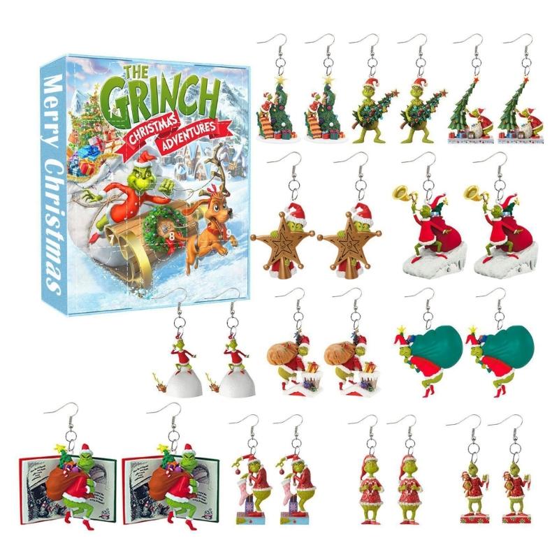 

Christmas Advent Calendar Christmas Countdown Calendar Cartoon Elf Figures Drop Earrings Vacation Stocking Stuffer Gift