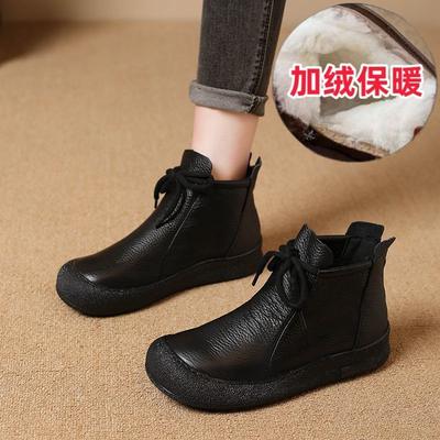 Herbst Winter Damenstiefel Schwarze Lederstiefel Frau Retro Komfort Leder Mama Schuhe Damen Weiche Sohle Plateau Stiefeletten Damen
