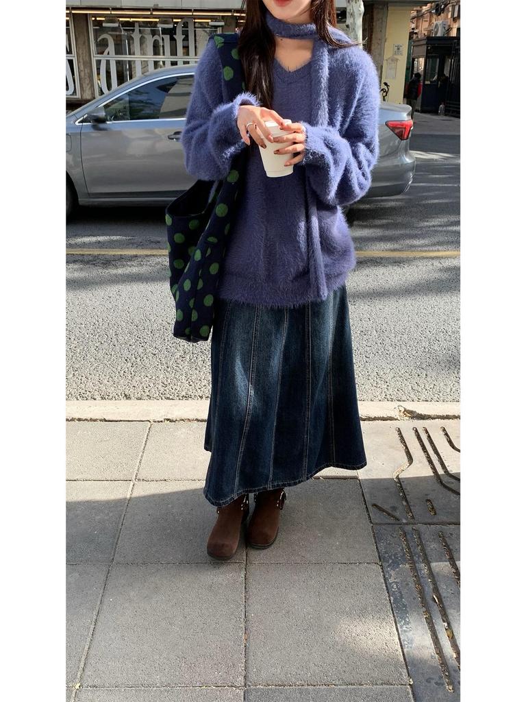 Women's American Retro Korean Style High-Waist Denim A-line Skirt - Washed Blue