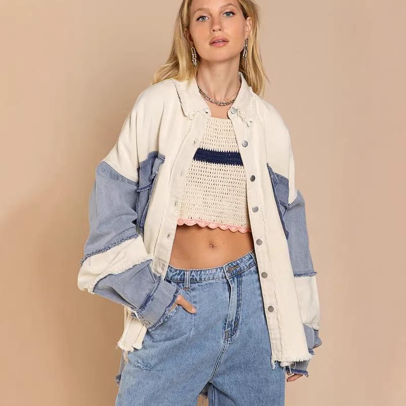 

2026 Spring/Summer Women s Distressed Color Block Denim Jacket with Frayed Edges Small