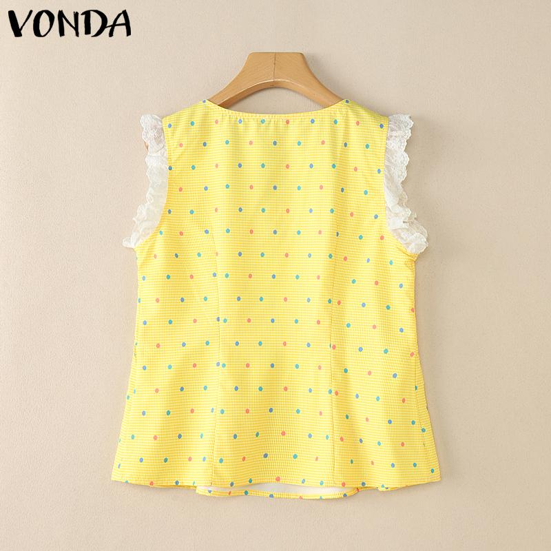 VONDA Women Lace Patchwork Sleeveless Plaid Polka Dots Casual Tank Tops