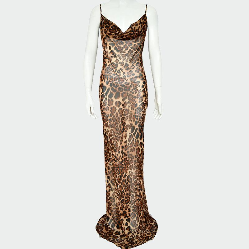 

Spring and summer new long dress suspender leaking back sexy elegant slim leopard print dress S цветной печати леопарда