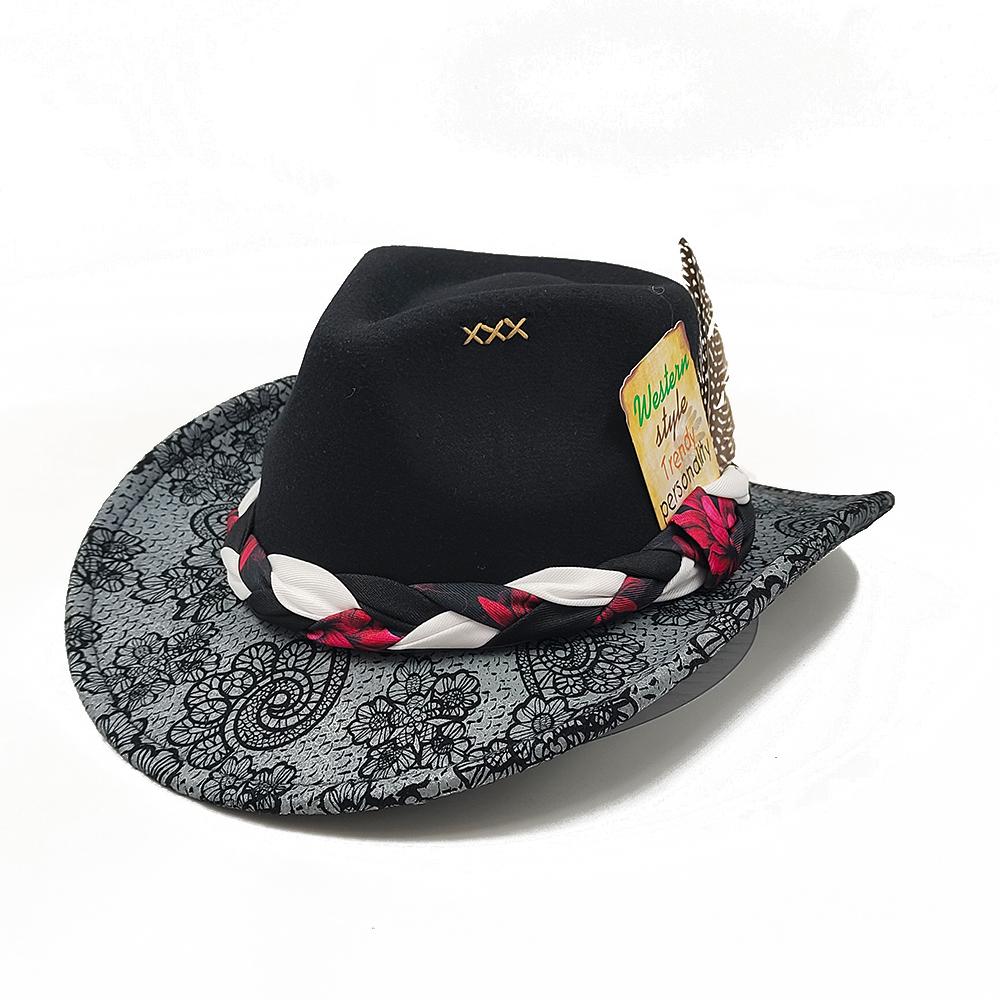 Printed Fedora Western Cowboy Hat Flower Painted Jazz Hat Men and Women Cowboy Hat Wide Brim Fashion Hat Feather Accessories